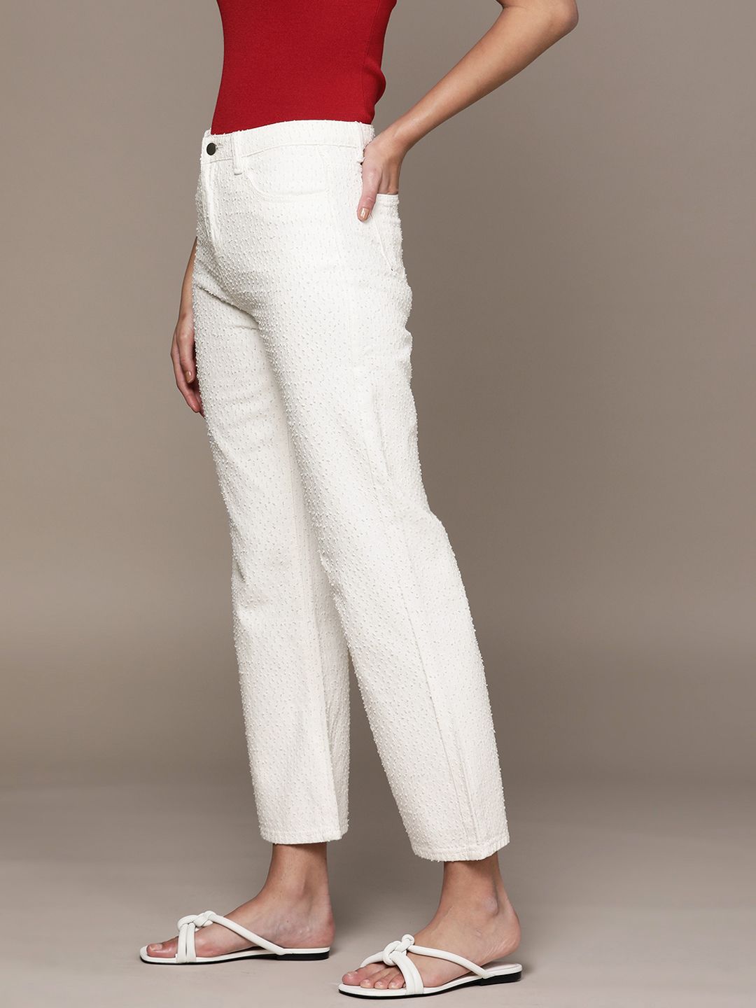 URBANIC Women White Cotton Relaxed Fit Dobby Weave Jeans Price in India