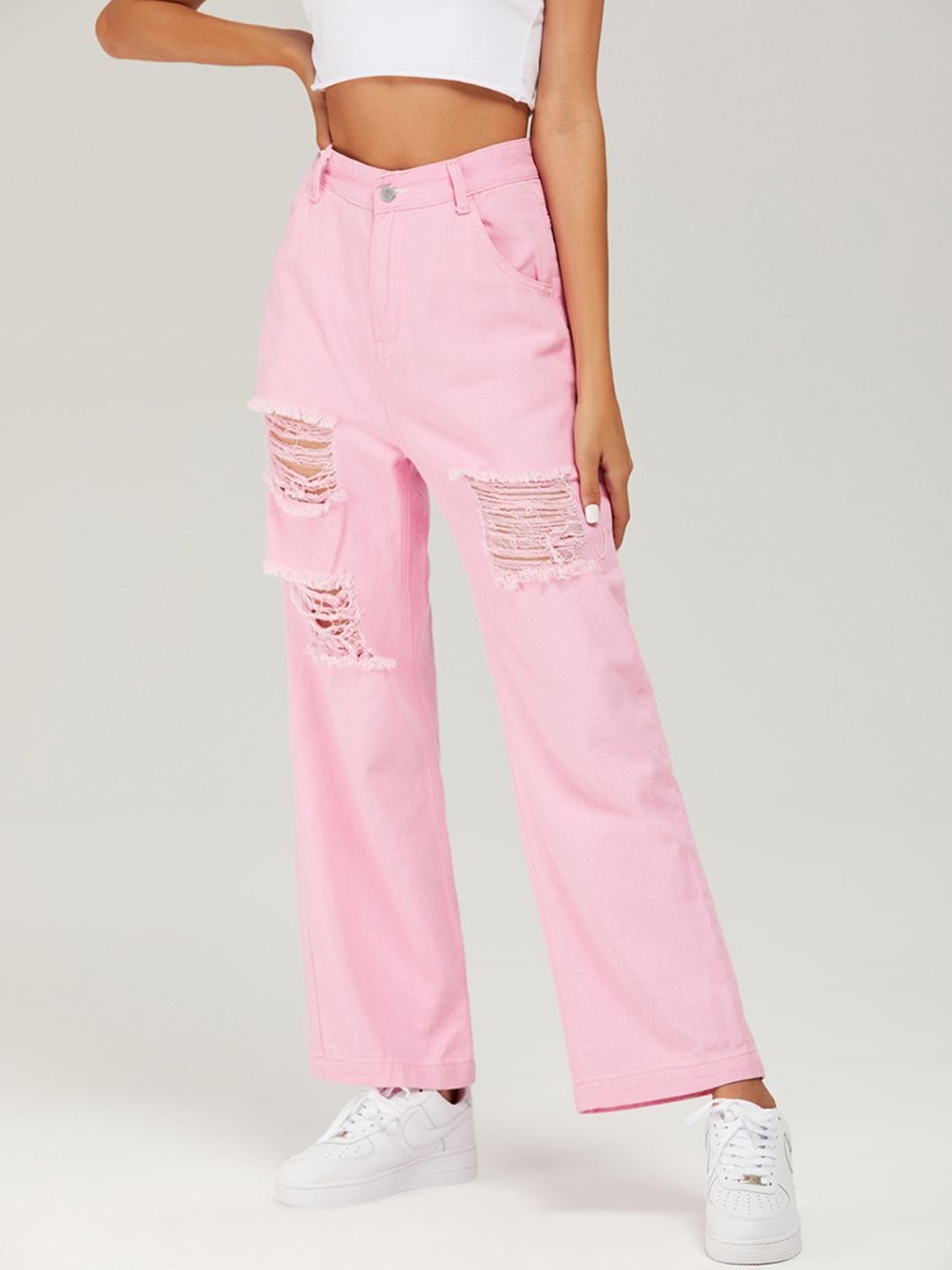 URBANIC Women Pink Relaxed Fit Mildly Distressed Jeans Price in India