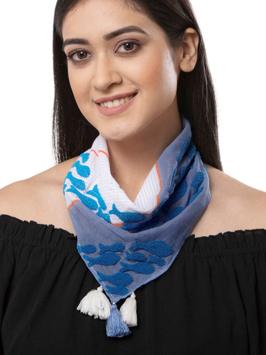 Runway Ritual Women Blue & White Embellished Scarf Price in India