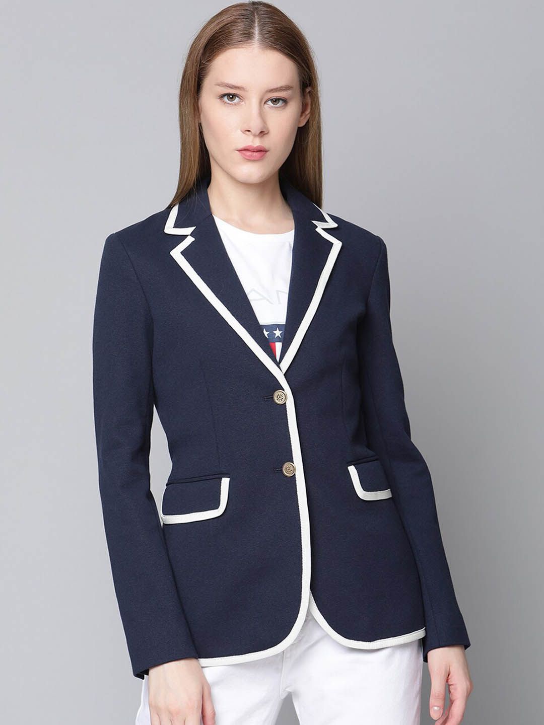 GANT Women Blue Solid Slim-Fit Single-Breasted Blazer Price in India