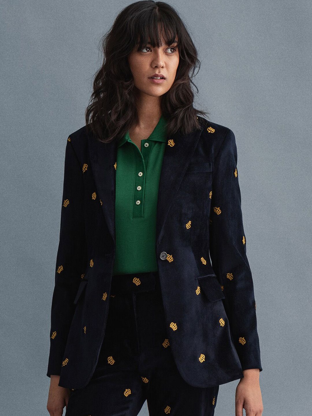GANT Women Navy Blue & Gold-Coloured Printed Single-Breasted Blazer Price in India