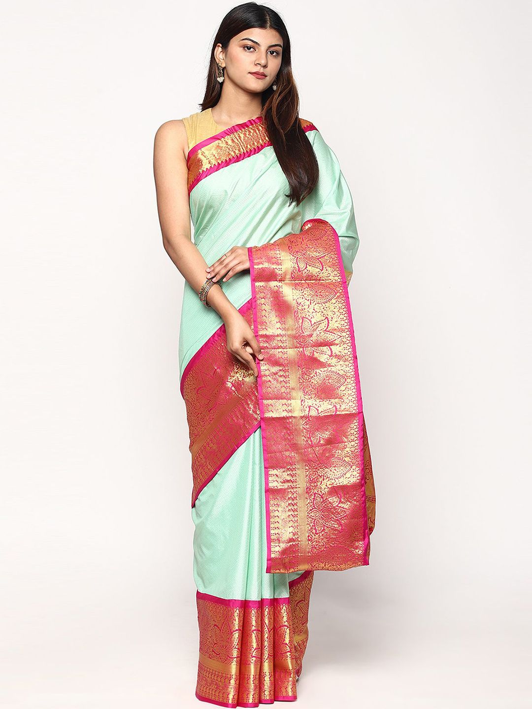 Sudarshan Silks Blue & Magenta Woven Design Zari Silk Blend Kanjeevaram Saree