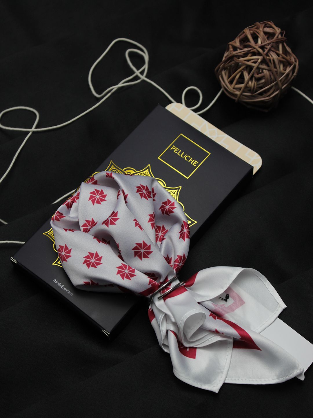 PELUCHE Men White & Red Geometric Print Silk Pocket Square