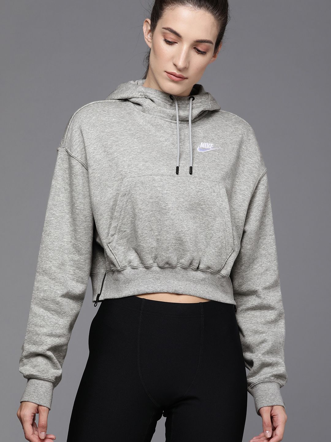 Nike Women Grey Solid Crop Hooded Sweatshirt Price in India