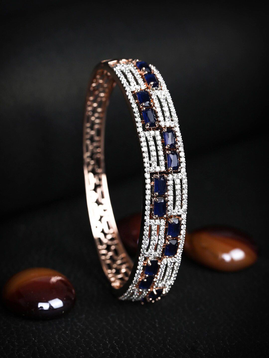 Priyaasi Women Rose Gold & Blue Brass American Diamond Rose Gold-Plated Bangle-Style Bracelet Price in India