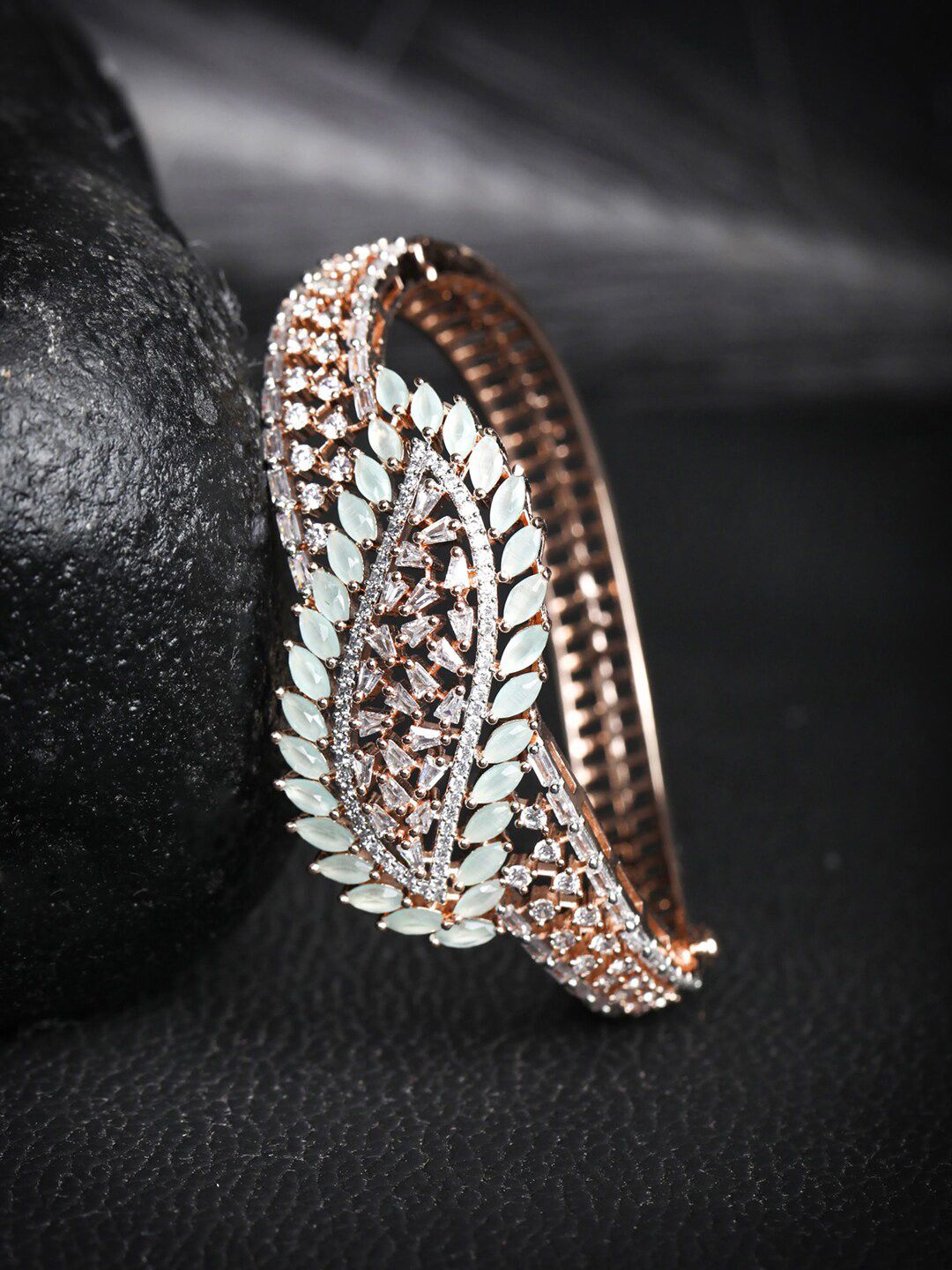 Priyaasi Women Rose Gold & Green Brass American Diamond Handcrafted Rose Gold-Plated Bangle-Style Bracelet Price in India