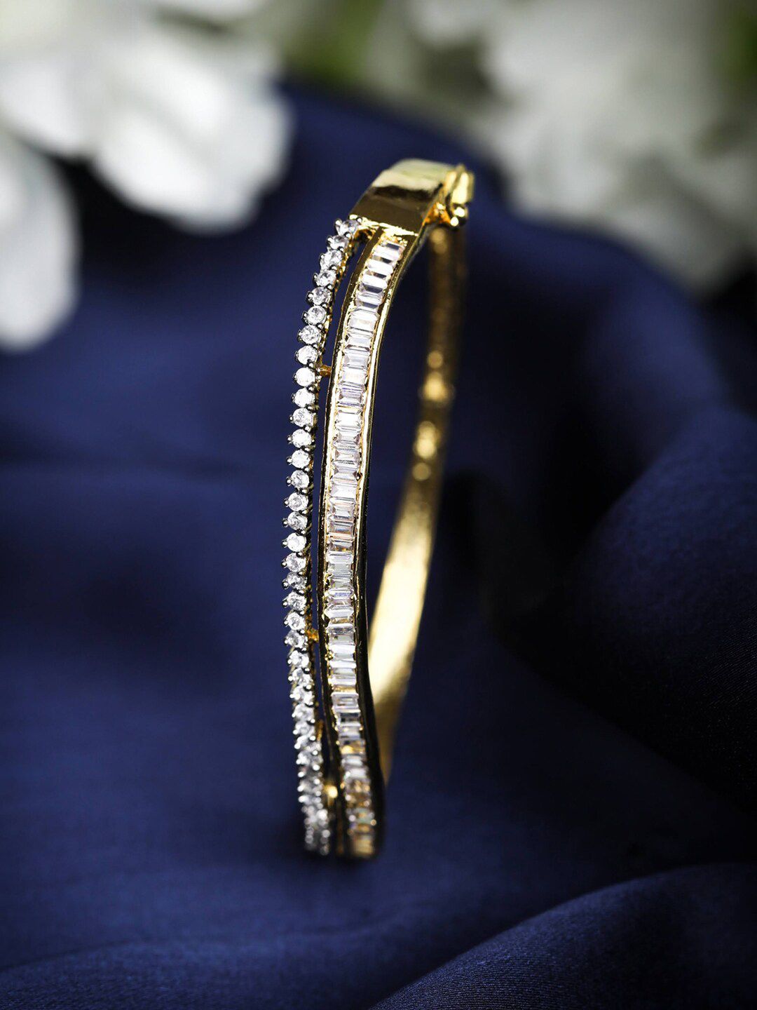 Priyaasi Women Gold-Toned & White Brass American Diamond Gold-Plated Bangle-Style Bracelet Price in India