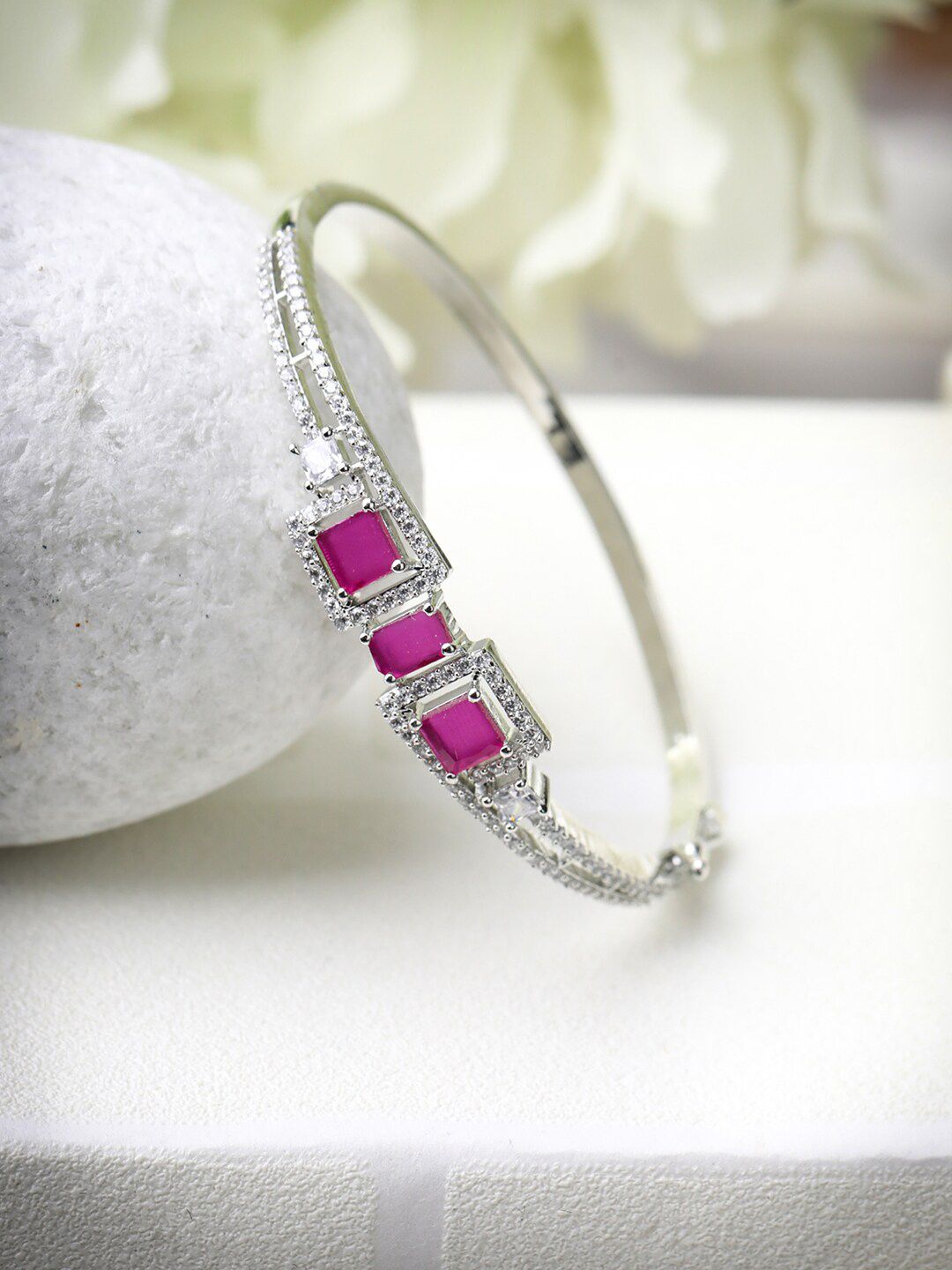 Priyaasi Women Silver-Toned & Magenta Brass American Diamond Handcrafted Silver-Plated Bangle-Style Bracelet Price in India