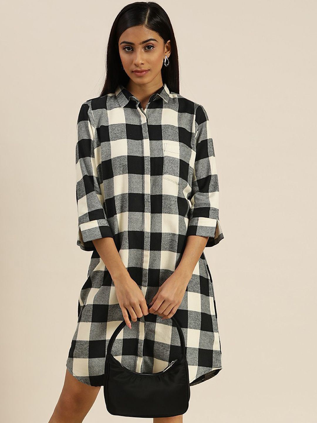 knee length dresses for ladies Women's Blue Checked V-Neck Shirt Dress  Crimsoune Club