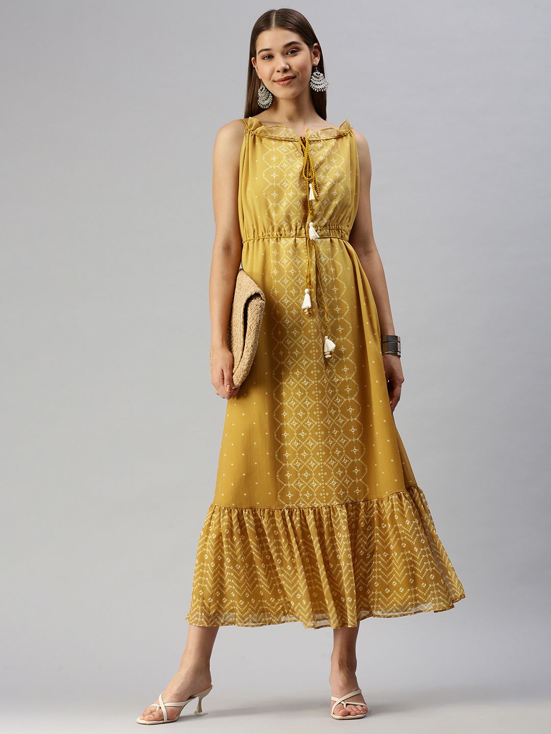 Global Desi Mustard Yellow & White Shoulder Sleeves A-Line Maxi Dress Price in India