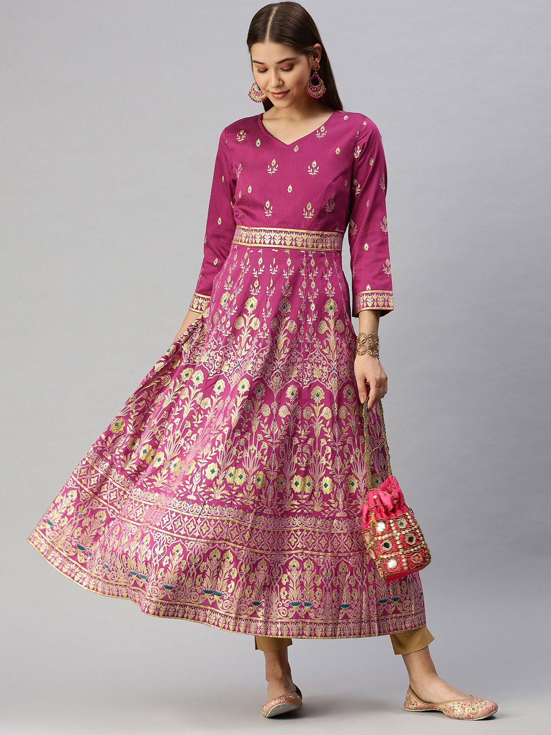 Global Desi Women Purple & Gold-Toned Floral Printed Anarkali Kurta Price in India