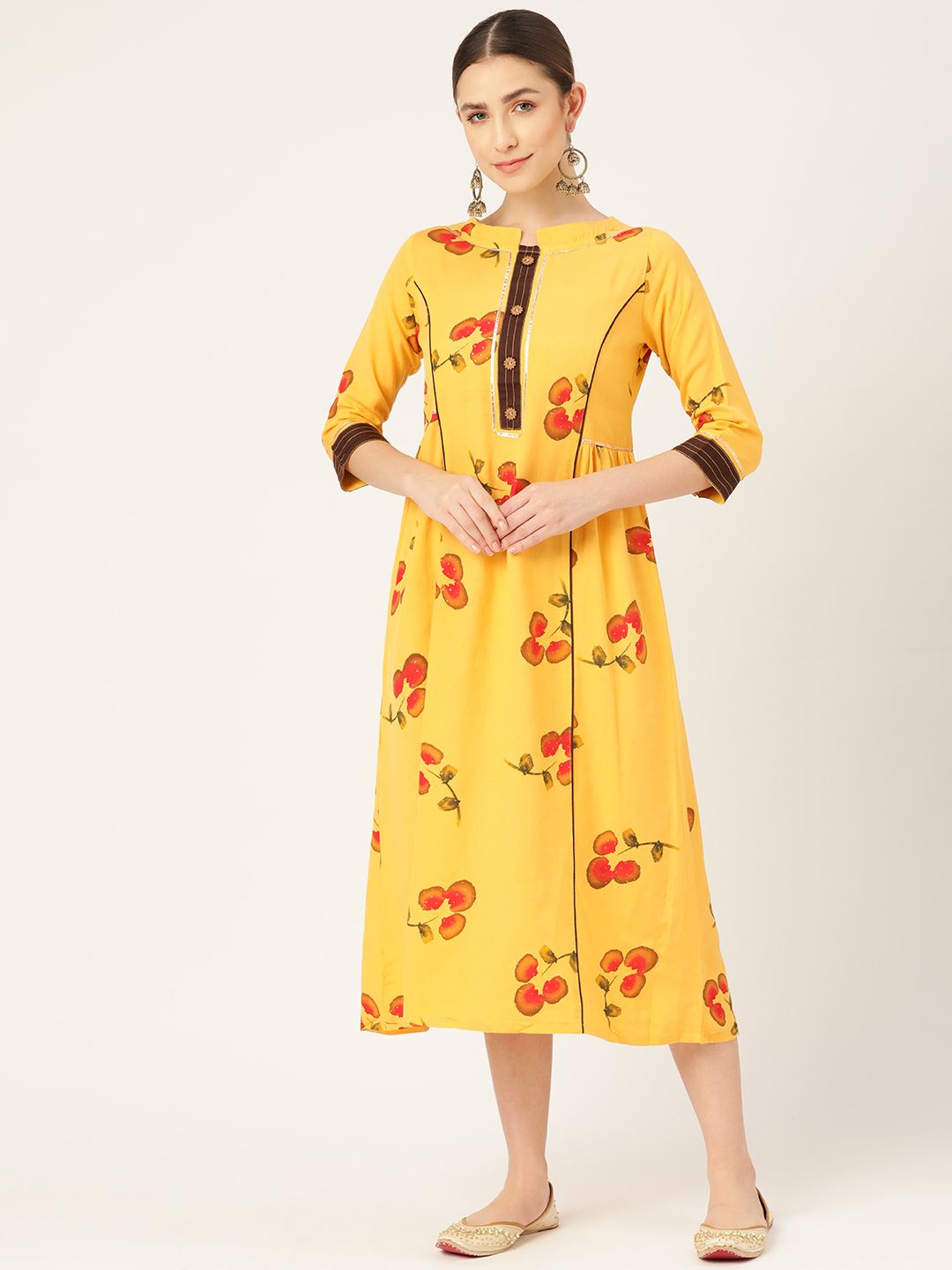VAABA Yellow Floral Ethnic A-Line Midi Dress Price in India