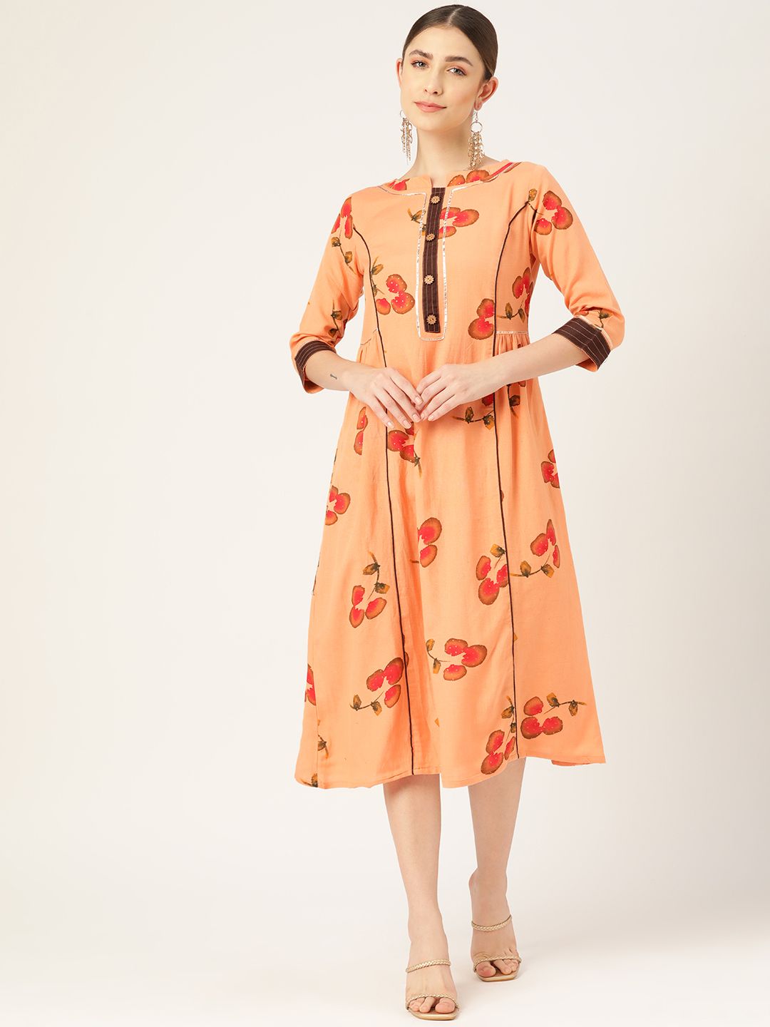 VAABA Peach-Coloured Floral Ethnic A-Line Midi Dress Price in India