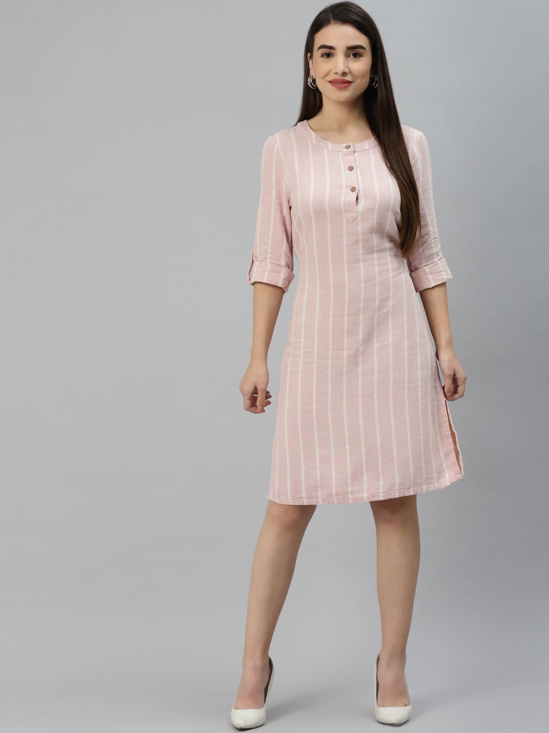 Marks & Spencer Pink & Off-White Striped A-Line Dress Price in India