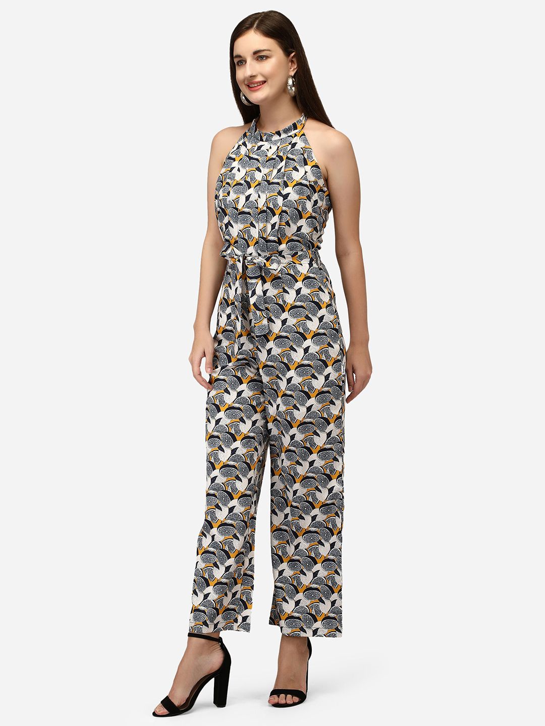 Yuvraah Black & White Halter Neck Printed Basic Jumpsuit Price in India