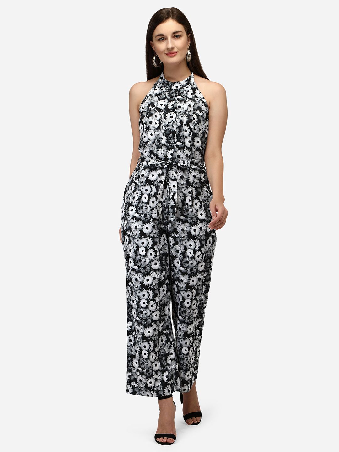 Yuvraah White & Black Halter Neck Printed Basic Jumpsuit Price in India