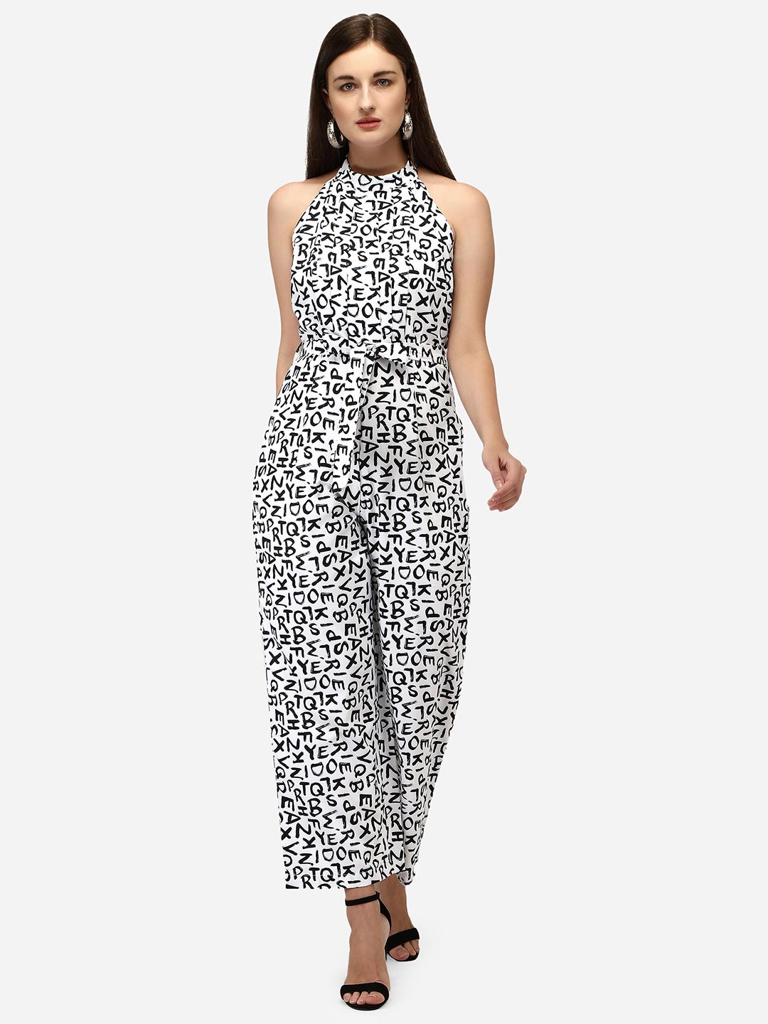 Yuvraah White & Black Halter Neck Printed Jumpsuit Price in India