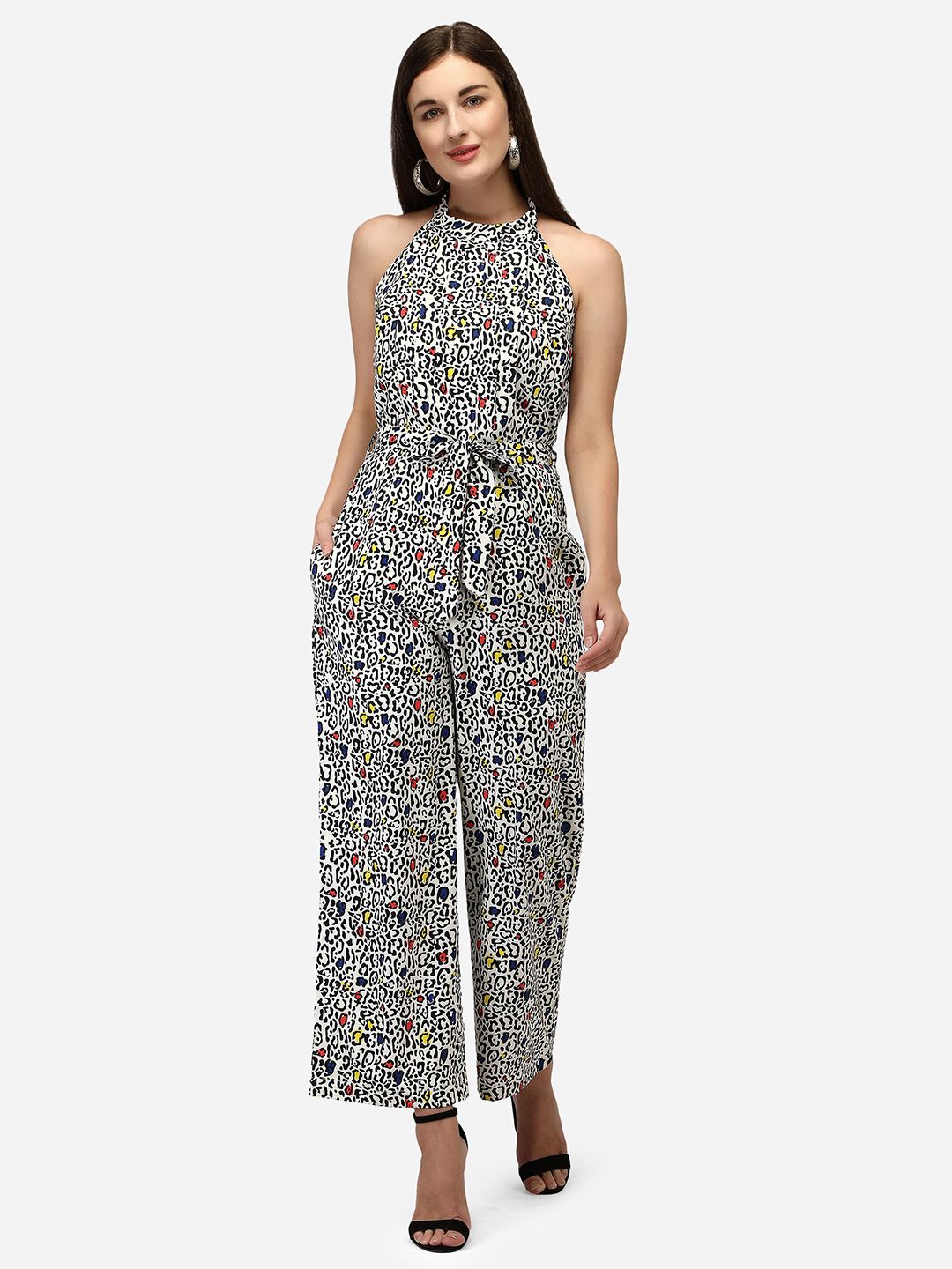 Yuvraah Black & White Halter Neck Printed Basic Jumpsuit Price in India