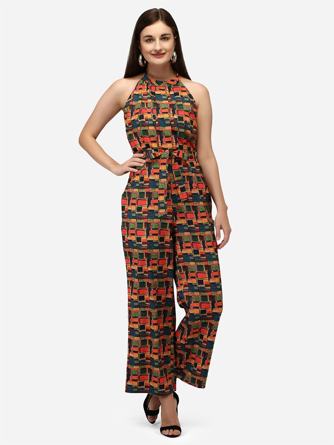 Yuvraah Orange & Green Halter Neck Printed Jumpsuit Price in India