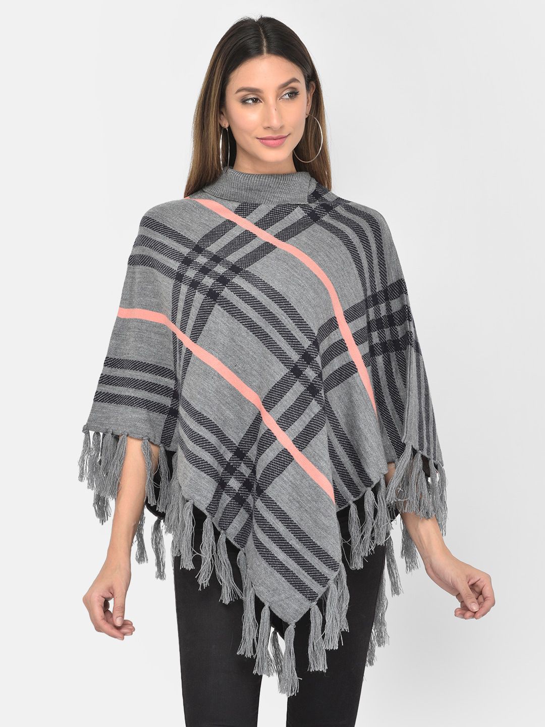 Latin Quarters Women Grey & Pink Checked Poncho with Applique Detail Price in India