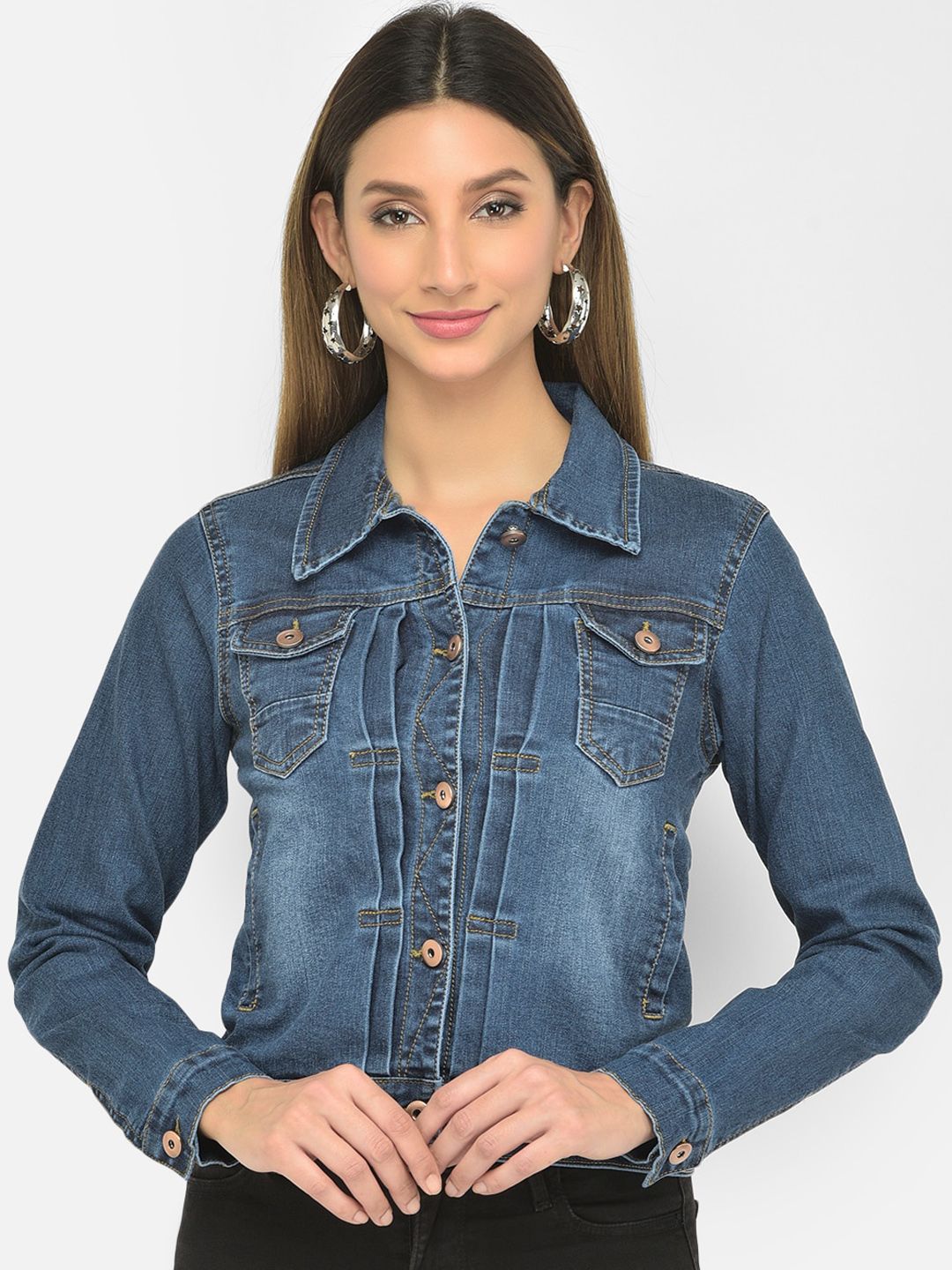 Latin Quarters Women Navy Blue Washed Lightweight Crop Denim Jacket Price in India