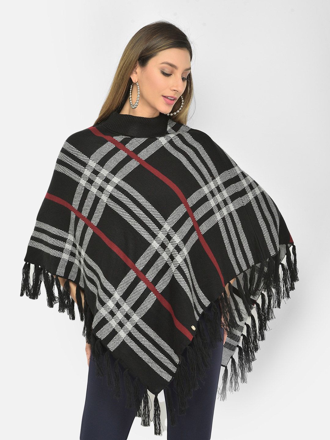 Latin Quarters Women Black & White Checked Poncho with Fringed Detail Price in India