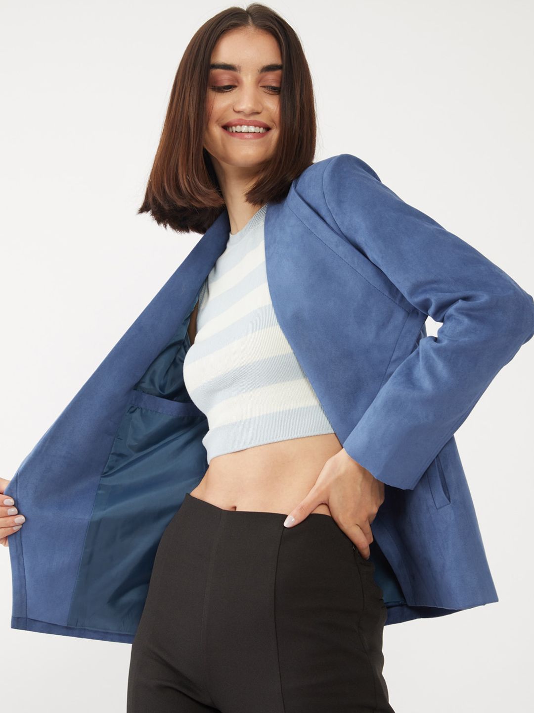 Zink London Women Blue Solid Tailored Jacket Price in India