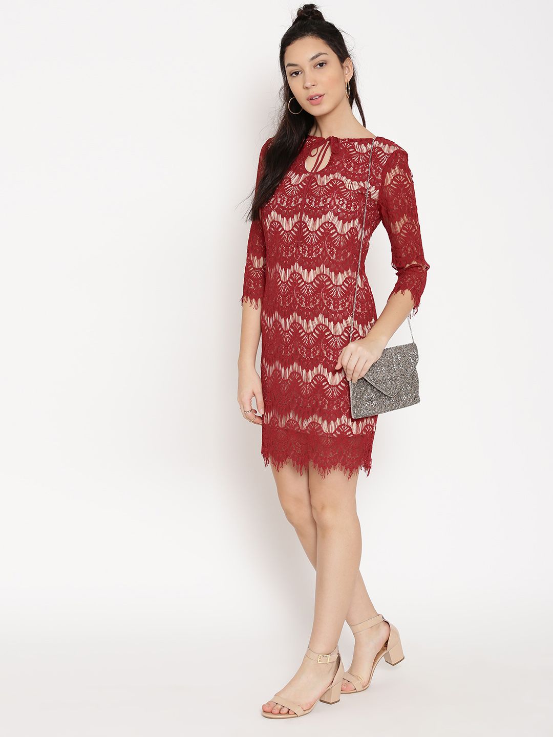 Buy FOREVER 21 Women Red & Nude-Coloured Lace Sheath Dress - Dresses for  Women 1585981 | Myntra
