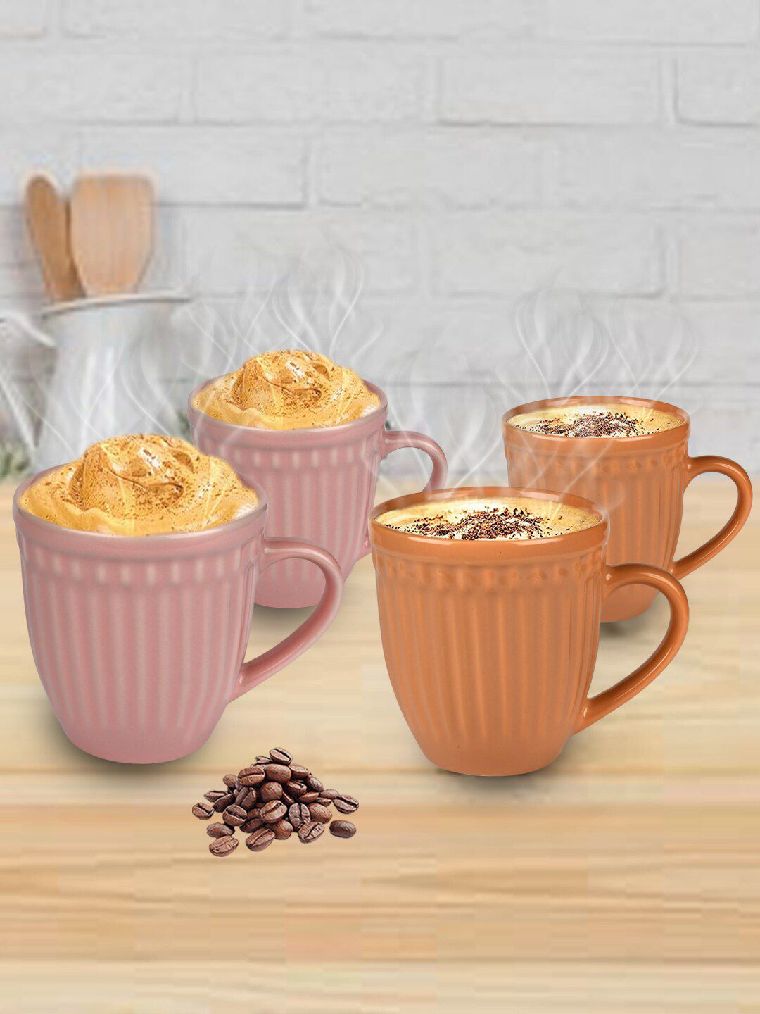 URBAN CHEF Set of 4 Peach & Orange Textured Ceramic Matte Mugs Price in India