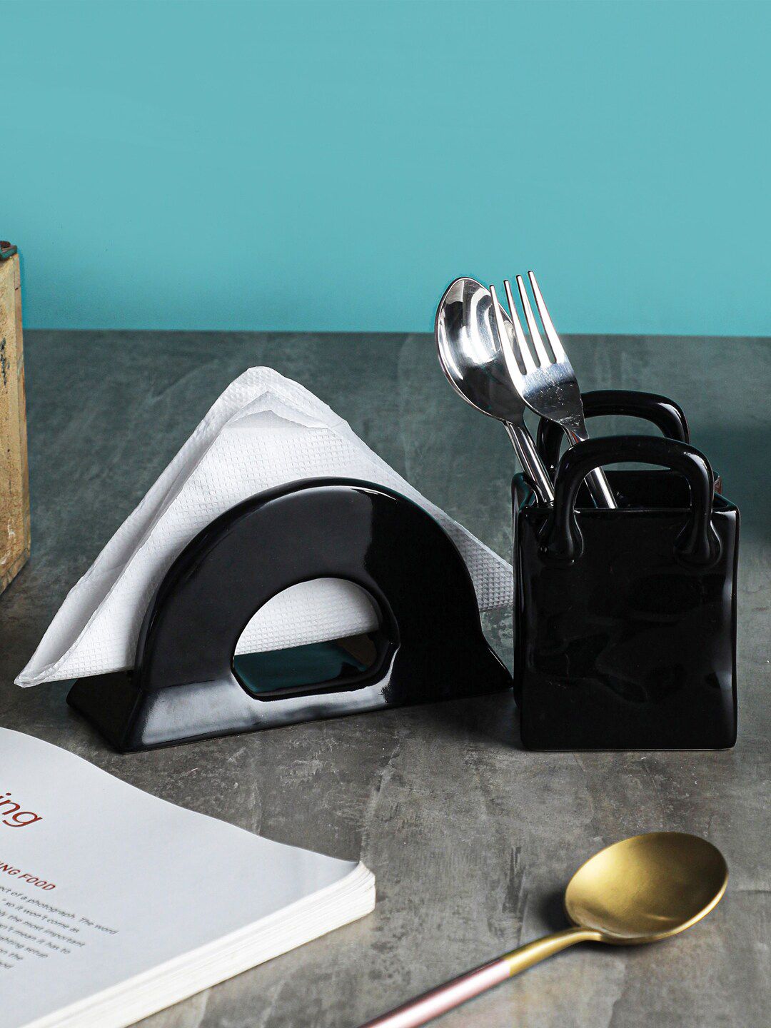 VarEesha Set of 2 Black Ceramic Cutlery and Napkin Holder Price in India