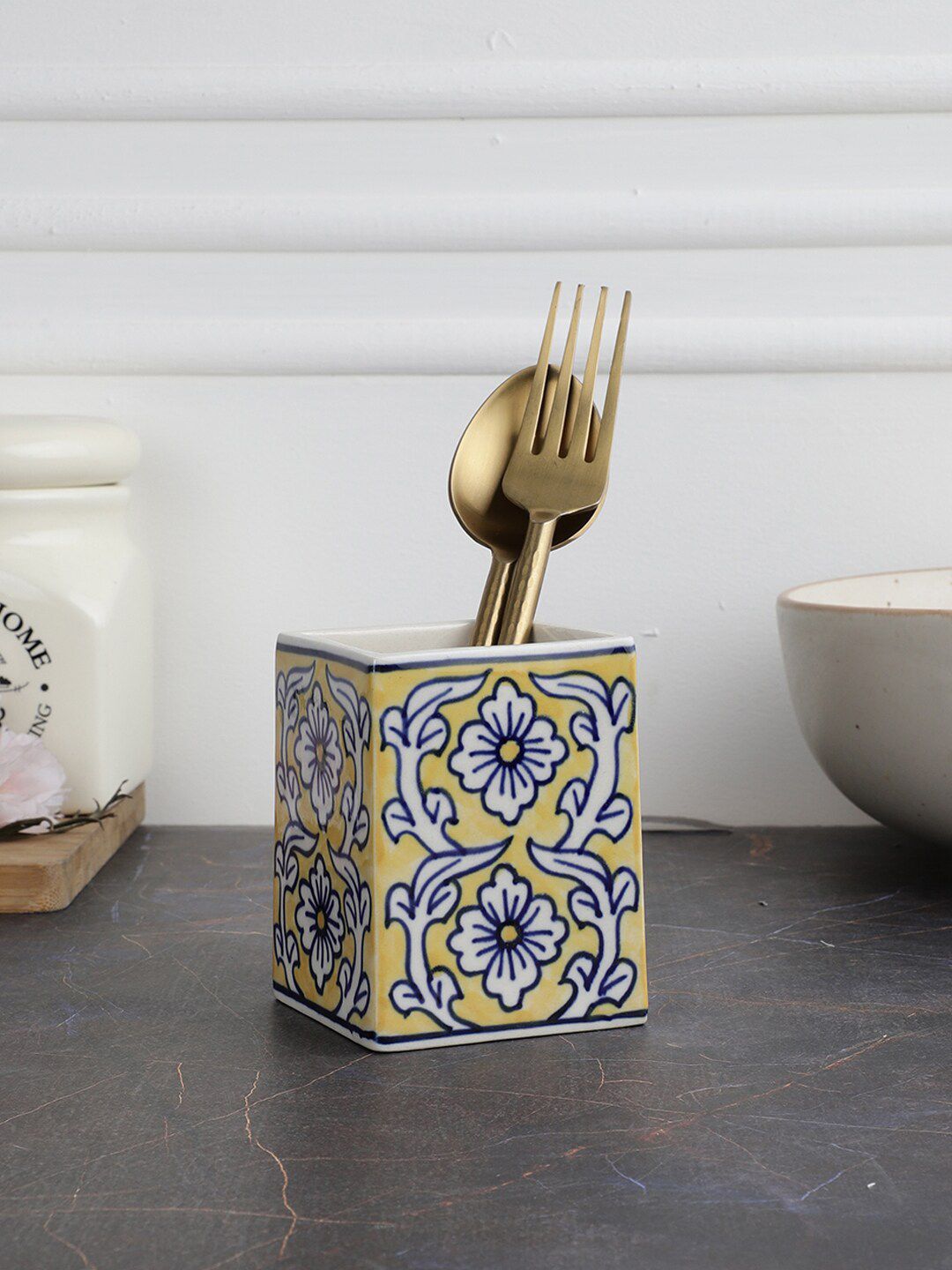 VarEesha Yellow White Ceramic Square Cutlery Holder Price in India