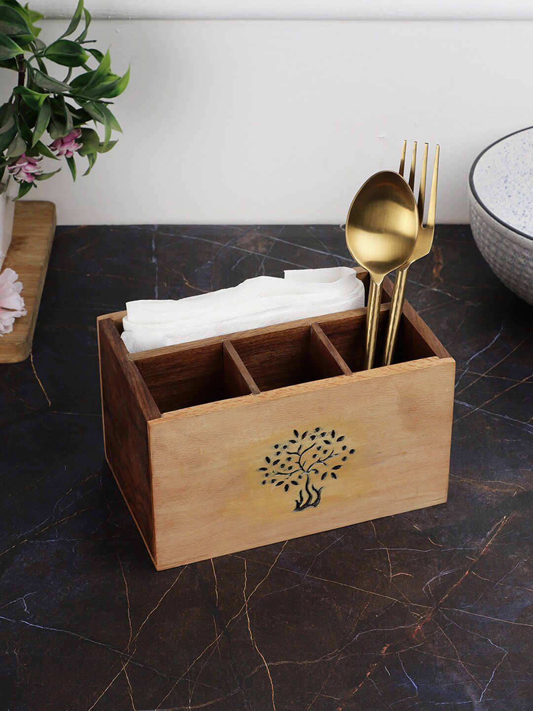 VarEesha Camel Brown-Coloured Tree of Life Sheesham & Beech Wooden Cutlery Holder Price in India