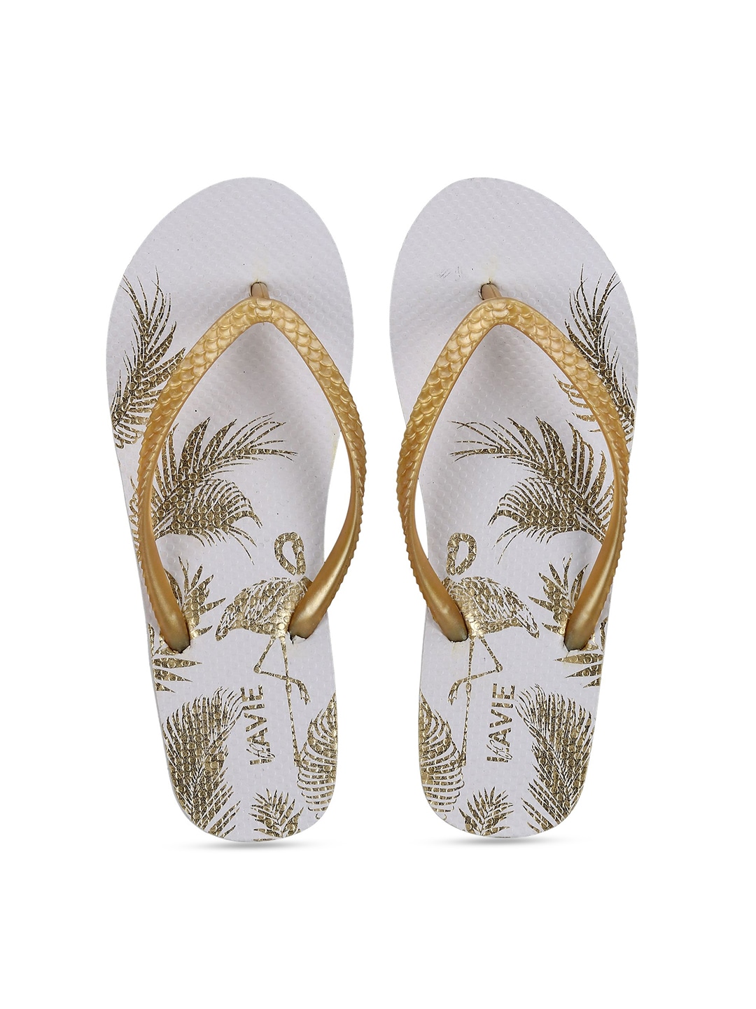 Lavie Women White & Gold-Toned Printed Thong Flip-Flops Price in India