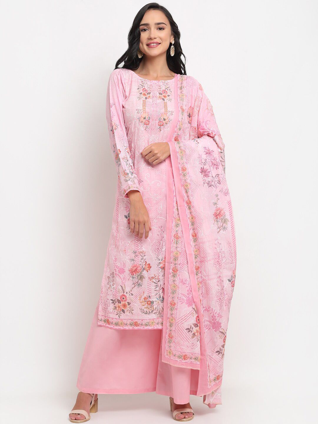 Stylee LIFESTYLE Pink & Grey Printed Pure Cotton Unstitched Dress Material Price in India