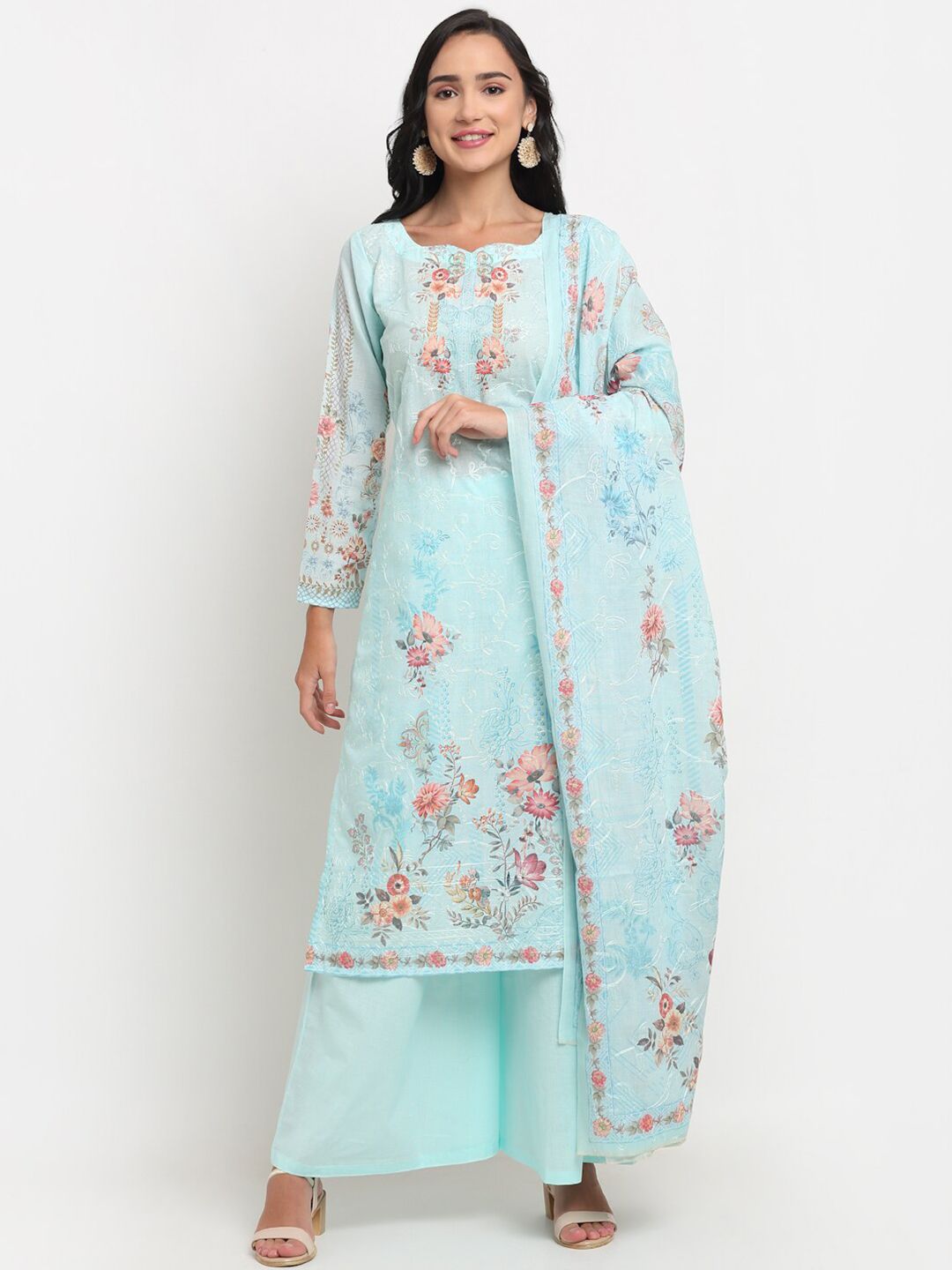 Stylee LIFESTYLE Turquoise Blue & Peach-Coloured Embroidered Pure Cotton Unstitched Dress Material Price in India