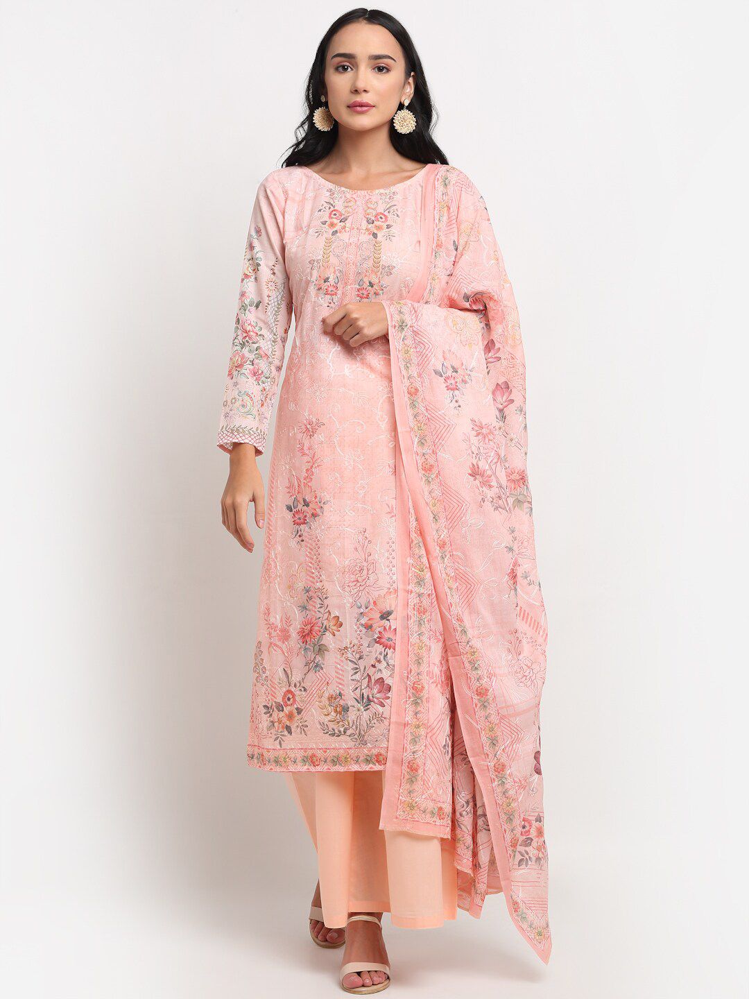 Stylee LIFESTYLE Peach-Coloured Embroidered Pure Cotton Unstitched Dress Material Price in India