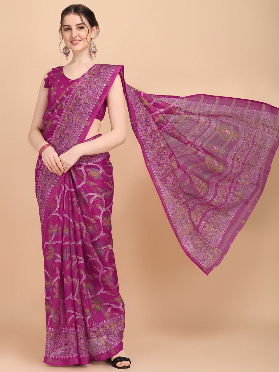 KALINI Pink & Green Woven Design Phulkari Kota Saree Price in India