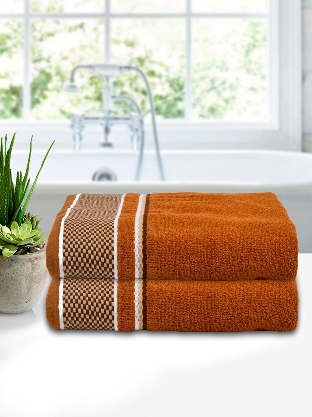 Kuber Industries Set Of 2 Brown Solid Cotton 400 GSM Bath Towels Price in India