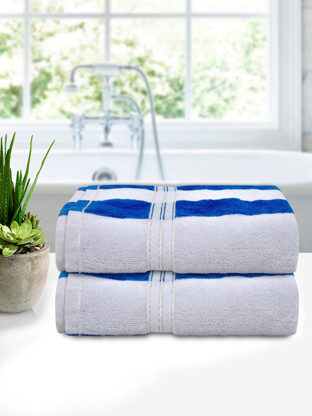 Kuber Industries Set Of 2 White & Blue Striped Cotton 400 GSM Bath Towels Price in India