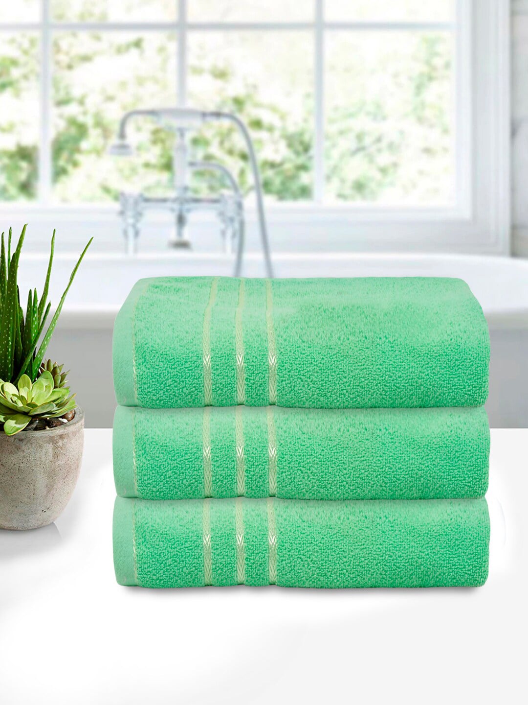 Kuber Industries Set of 3 Green Cotton Bath Towels Price in India