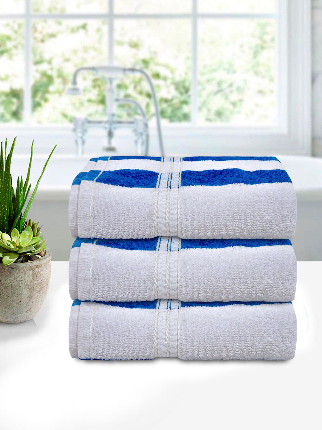 Kuber Industries Set of 3 Blue & White Cotton Bath Towels Price in India