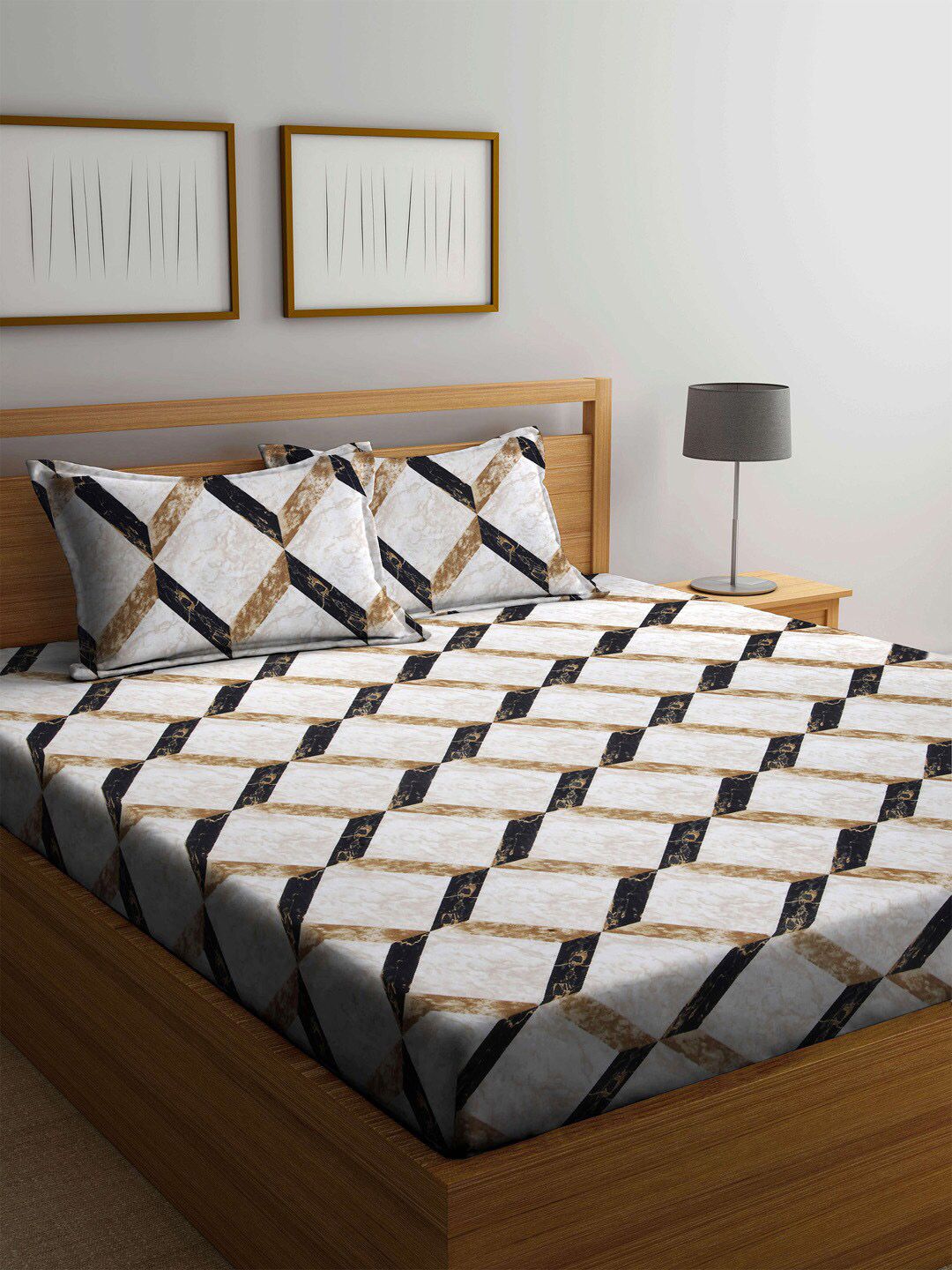 Arrabi Brown & White Geometric 300 TC King Bedsheet with 2 Pillow Covers Price in India