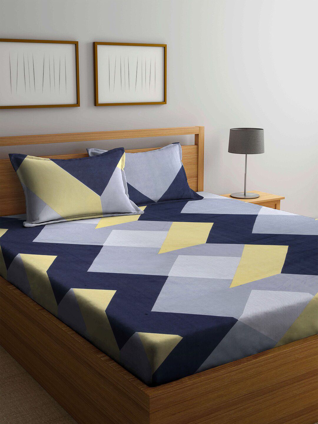 Arrabi Blue & Yellow Geometric Printed 300 TC King Bedsheet with 2 Pillow Covers Price in India