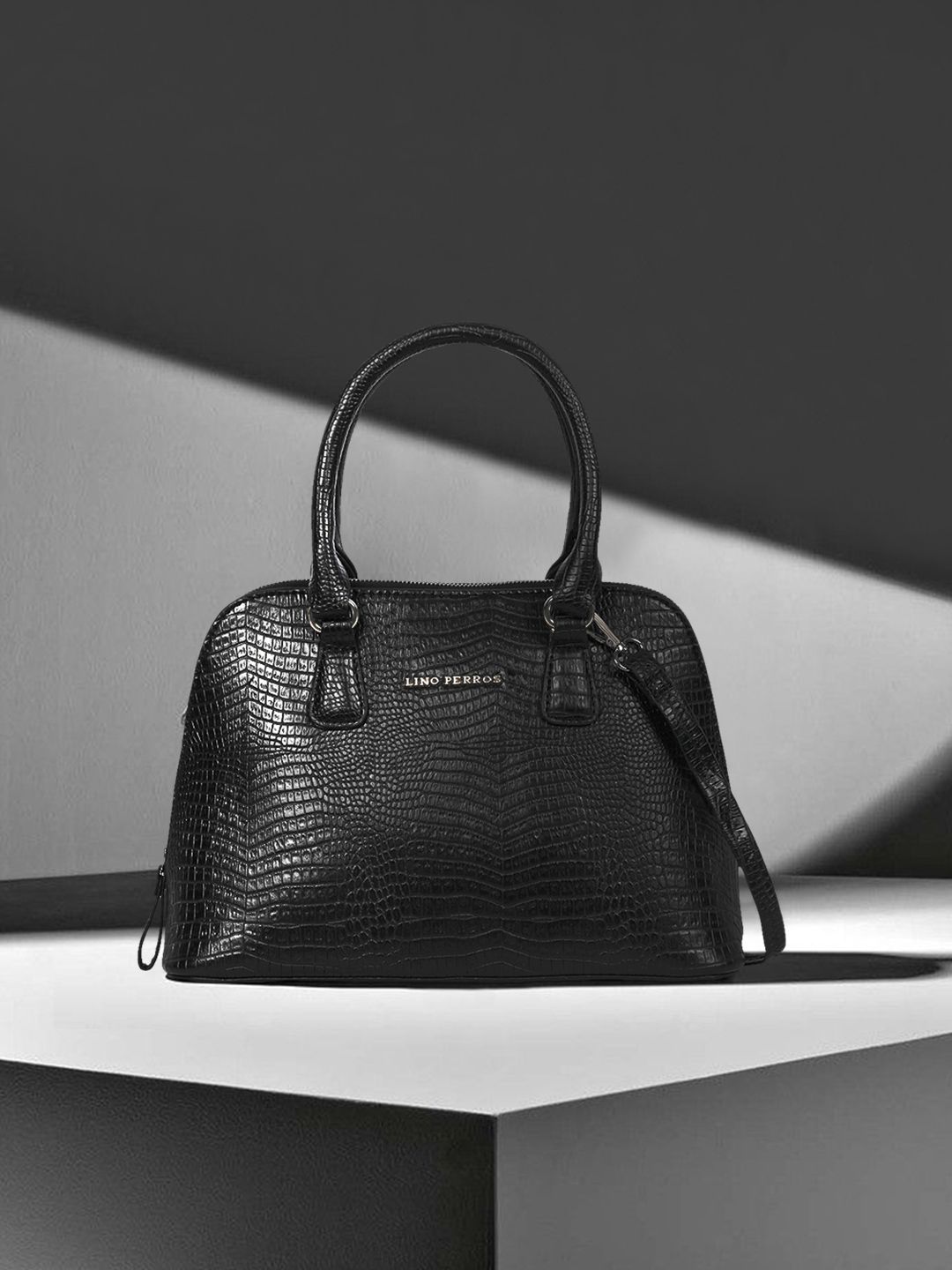 Lino Perros Black Snakeskin Textured Structured Handheld Bag Price in India