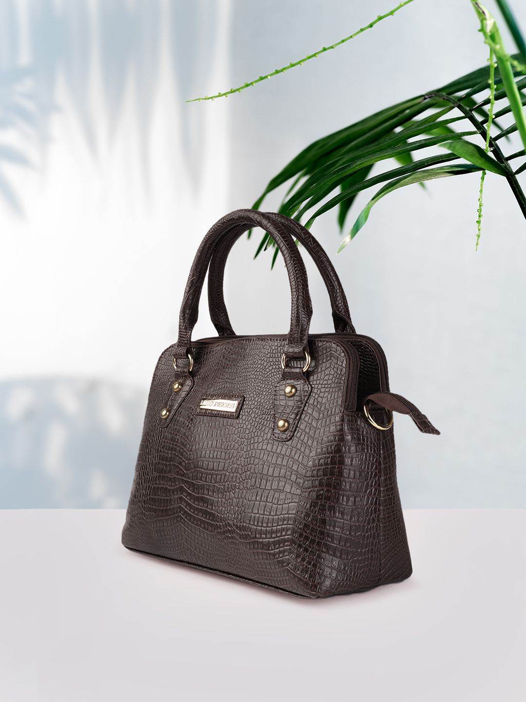 Lino Perros Women Coffee Brown Croc-Textured Structured Handheld Bag Price in India