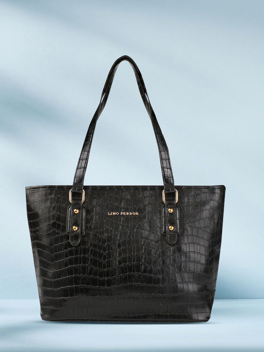 Lino Perros Women Black Croc Textured Structured Shoulder Bag Price in India