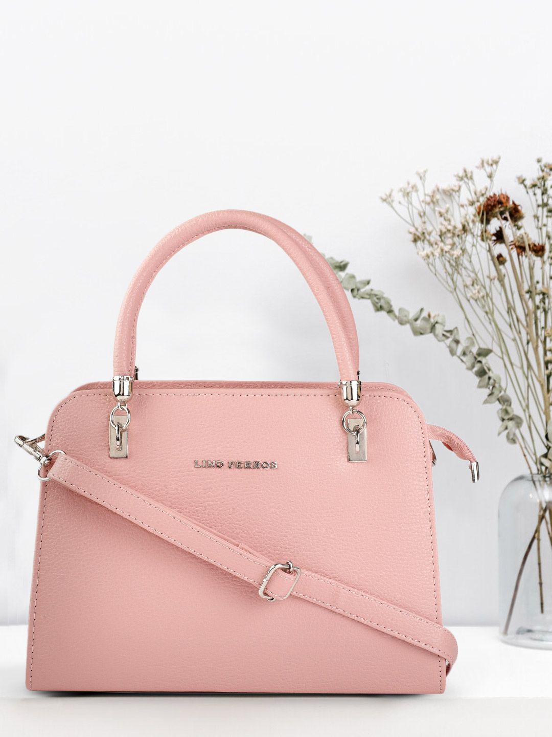 Lino Perros Peach-Coloured Solid Structured Handheld Bag Price in India