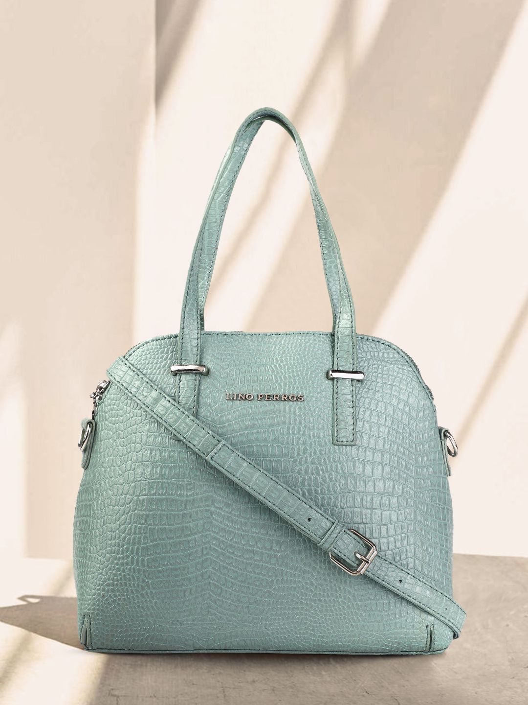 Lino Perros Sea Green Snakeskin Textured PU Structured Handheld Bag Price in India
