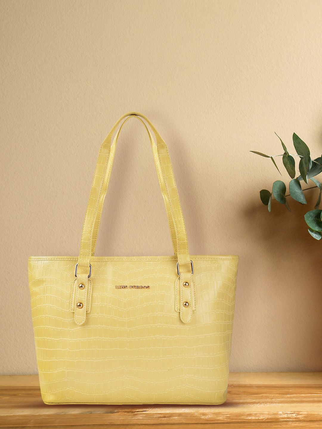 Lino Perros Yellow Croc Textured Structured Shoulder Bag Price in India