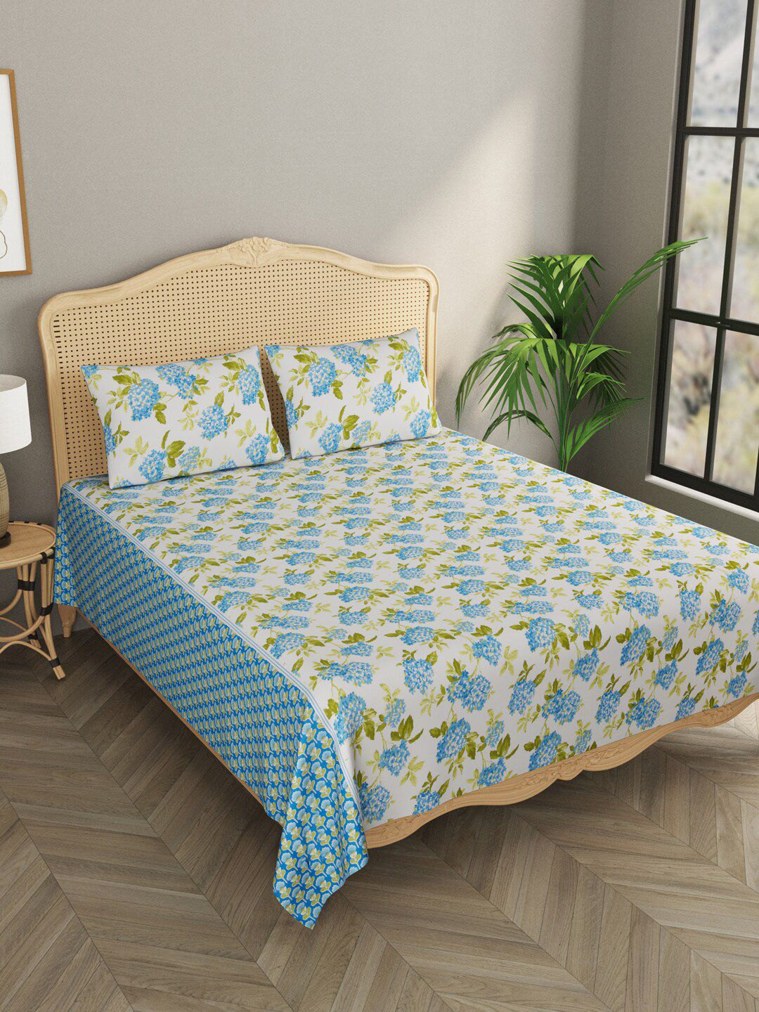 Gulaab Jaipur Blue & Green Floral 600 TC King Bedsheet with 2 Pillow Covers Price in India